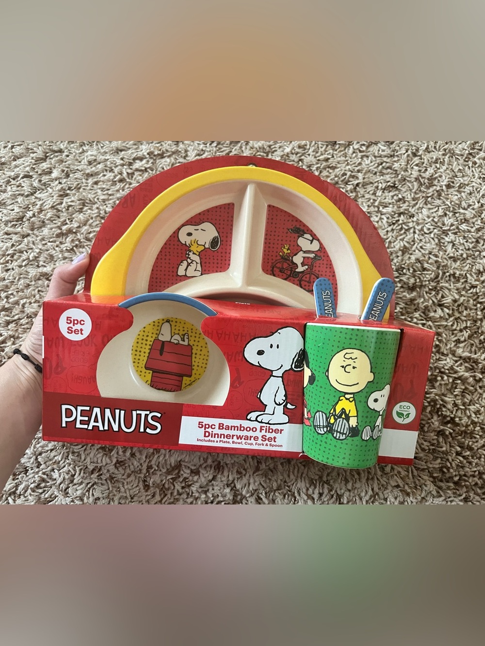 Peanuts 5pc Bamboo Fiber Dinnerware Set Plate, Bowl, Cup, Fork & Spoon - Picture 3 of 8